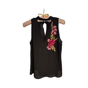 Candie's Black Top with Pink Floral Embroidery